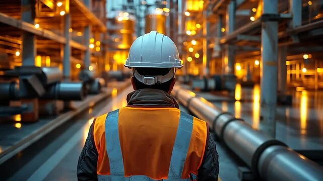 A worker examines an industrial pipeline with a petroleum engineer from an upstream oil and gas production facility. Engineers oversee production