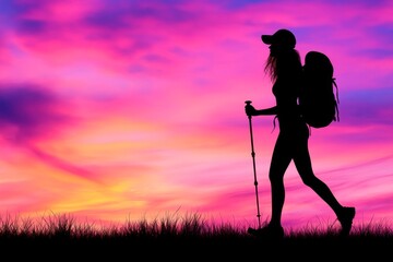 Minimalist silhouette of a hiker against a gradient sunset, capturing the essence of adventure