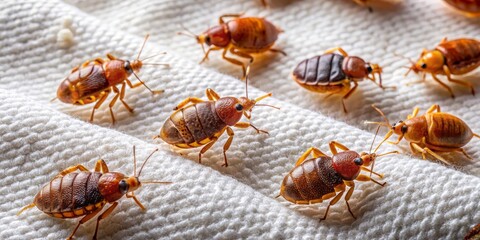 High-Angle Close-Up of Multiple Brown Bed Bugs on White Fabric, Macro Photography, Pest Control, Bed Bug Infestation Bed Bugs, Insect Pest