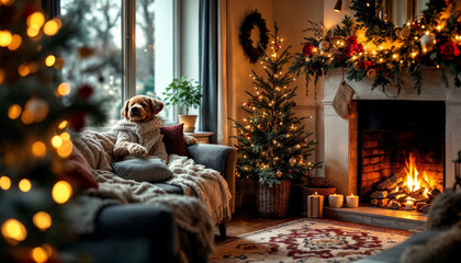 A cozy home corner decorated for the new year with twinkling lights, flowers, and a fireplace.

