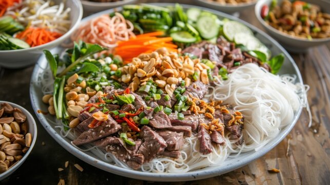 A delightful platter of Vietnamese bo bun, vermicelli noodles topped with grilled beef