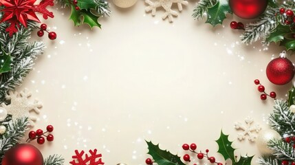 Christmas themed decorative frame with snowflakes, holly, and ornaments for festive greetings