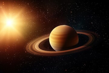 A yellow planet is in the center of the image, surrounded by a ring of stars