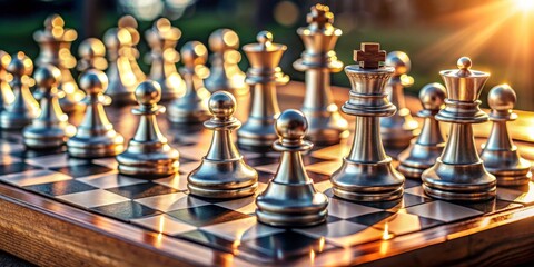 Golden Hour Chess Metallic Pieces, Strategic Composition, Sunlit Board, Competition, Strategy Chess, Strategy Game