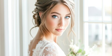Fototapeta premium Joyful bride with striking blue eyes poses gracefully in front of a bright window, capturing a moment of bliss and beauty. The radiant ambiance highlights the bride s deep blue eyes beautifully.