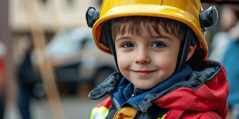 Little boy pretending to be a firefighter during an open doors day at a fire station, inspiring future firefighters. A captivating educational program for children interested in firefighting.