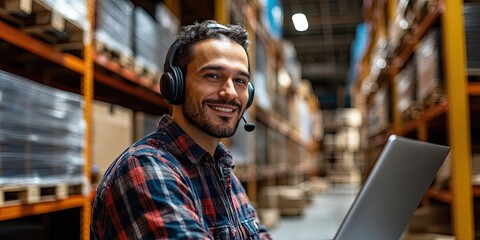 Male worker with headset is engaged in consulting clients in an office environment. The worker utilizes a laptop computer in a warehouse setting, emphasizing the importance of effective communication.