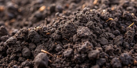 Fototapeta premium Close-up Soil Texture Dark Brown, Granular Composition, Macro Photography, Nature Concept soil texture, macro photography