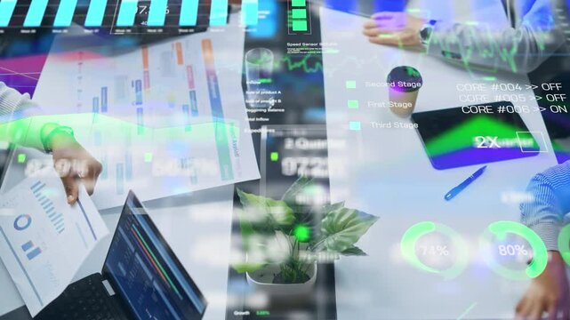 Futuristic Business Meeting With Augmented Reality Overlays. Professionals Analyze Holographic Data Projections, Charts, and Percentages on a Table Filled With Documents, Laptops, and Interactive Digi