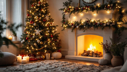 A cozy home corner decorated for the new year with twinkling lights, flowers, and a fireplace.

