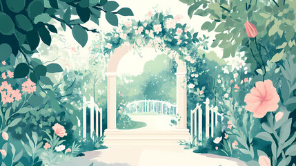 Wedding card with a whimsical garden theme an open area for text at the top. Whimsical Fairy Garden. Illustration