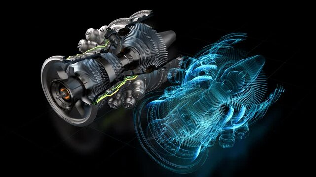 Advanced 3D Turbine Engine Concept With Digital Twin Visualization. Components Integrate With Projections. Sustainable Technology and Design. Technical Concept High Tech Clean Energy Engineering.