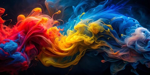 Obraz premium Abstract Colorful Ink Swirl Blue, Red, Yellow Composition, Fluid Art, Dynamic Movement Fluid art, abstract photography