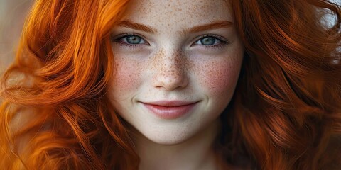 Obraz premium Portrait of an adorable redhead girl with striking features, showcasing her lovely red hair and captivating smile in a charming and playful manner, perfect for highlighting youthful beauty.