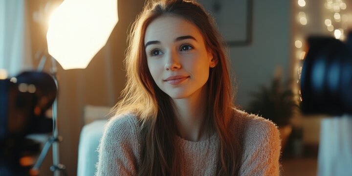 Young beautiful girl creating engaging content as she leads her daily vlog online, sharing her experiences and connecting with viewers through her captivating daily vlog.