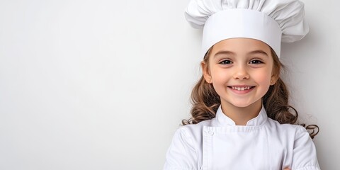 Little chef girl in uniform smiling at the camera against a white background, showcasing her passion for cooking as she embraces her role as a young chef in this vibrant image.