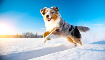 Obraz premium Australian Shepherd spielt im Schnee