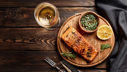 Spicy barbeque tasty salmon on wooded board and white wine, top view, blurred background