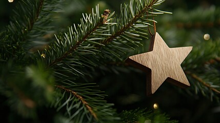 A Christmas tree branch featuring a rustic wooden star ornament, surrounded by soft green pine needles and copy space