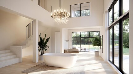 Wide open floor plan, chandelier lighting, freestanding tub, luxury modern aesthetic