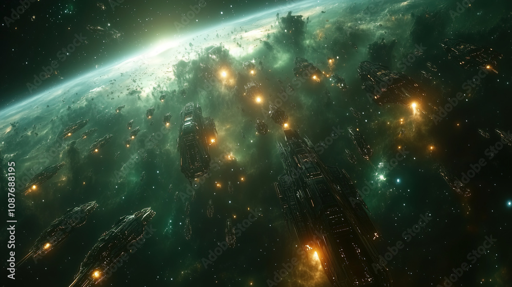 Poster Vast interstellar space with numerous glowing spacecraft and colorful cosmic nebula in the background during a cosmic exploration. Generative AI