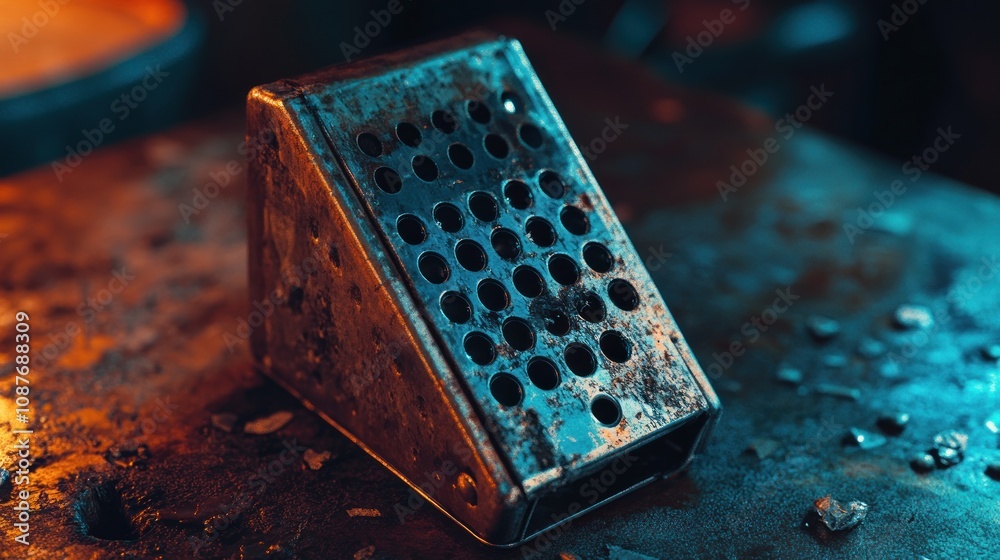 Poster rusted metal object with perforated surface