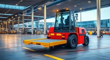 A red and yellow forklift with an empty flatbed platform is driving through the airport.