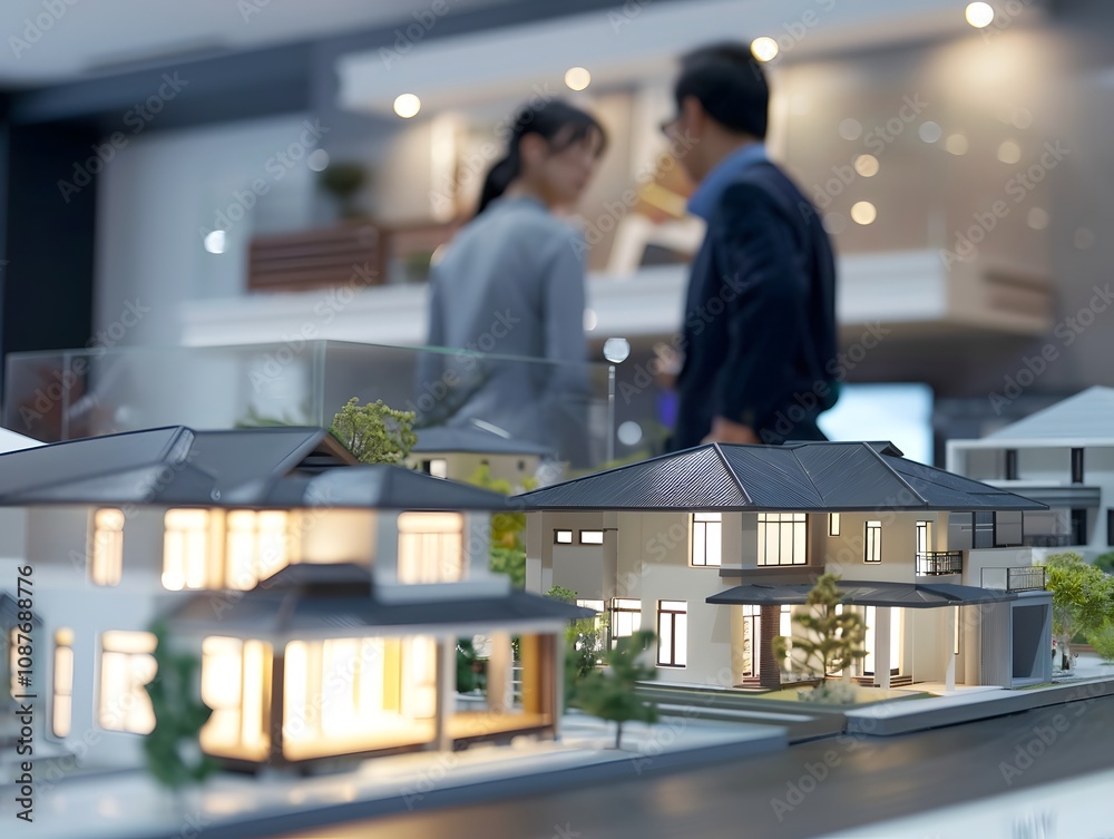 Poster Modern Real Estate Development Showcase with Architectural Models and Professionals Discussing Design Concepts in a Bright Office Environment