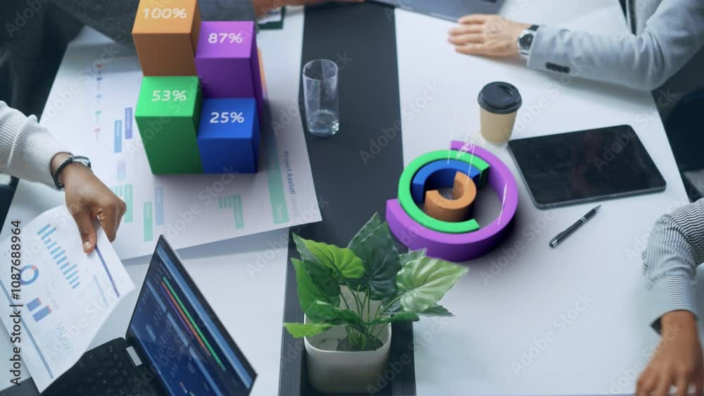 Aufkleber Top View Business Table: Professionals Analyze 3D Data Visualizations During a Meeting. Table Displays Interactive Charts, Graphs, and Percentage Blocks, Project Progress and Financial Metrics Through