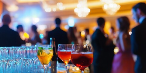 Blurred people enjoying a lively cocktail party in a spacious hotel ballroom, creating a dynamic atmosphere filled with mingling guests and colorful drinks at the cocktail party.