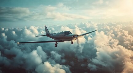 Obraz premium A small airplane flying through the clouds
