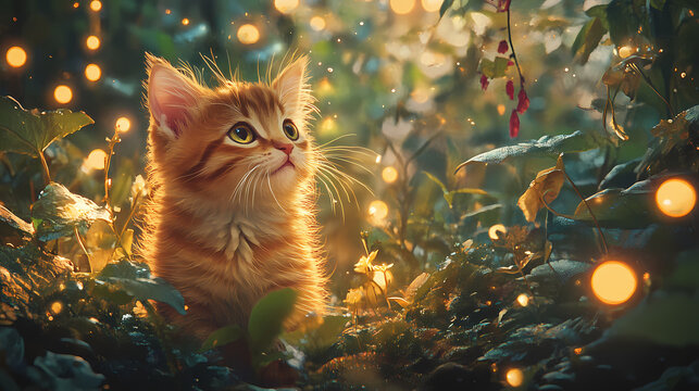 Adorable kitten in enchanted garden with glowing plants and fairy lights. Whimsical Fairy Garden. Illustration