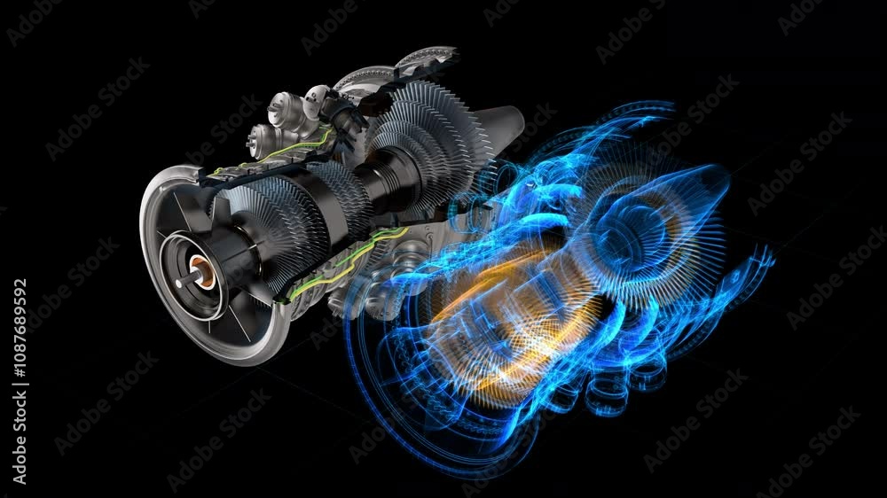 Leinwandbilder innovative 3d turbine engine design blends physical and digital twin. metallic structures merge with