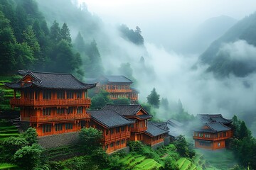 Obraz premium Langde Miao Nationality Village, Leishan County, near Kaili, Guizhou, China Asiatic village in the hills of China farming peasant farming, wooden houses, spring season, travel photo 