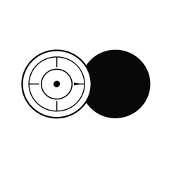 two circular icons, one in black and one in white. The black icon on the left is a circular target with an arrow in the center.