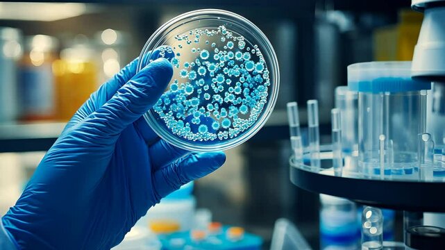 A scientist wearing blue gloves holding a petri dish with bacteria or virus samples Video
