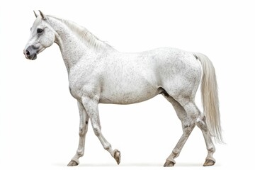 Obraz premium Mixed breed of Spanish and Arabian Full body horse, 8 years old, portrait standing against white background