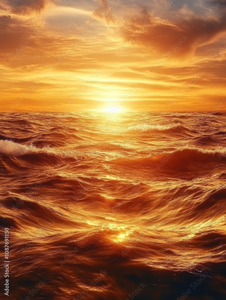 Poster as the sun sets on the horizon, the ocean waves shimmer with golden hues, creating a breathtaking vi