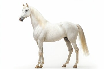 Naklejka premium Mixed breed of Spanish and Arabian Full body horse, 8 years old, portrait standing against white background