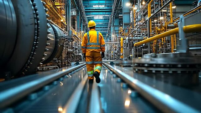 Man in Hard Hat Standing in Front of Pipes, Worker supervisor in district heating plant doing quality control and inspection of pipes and valves