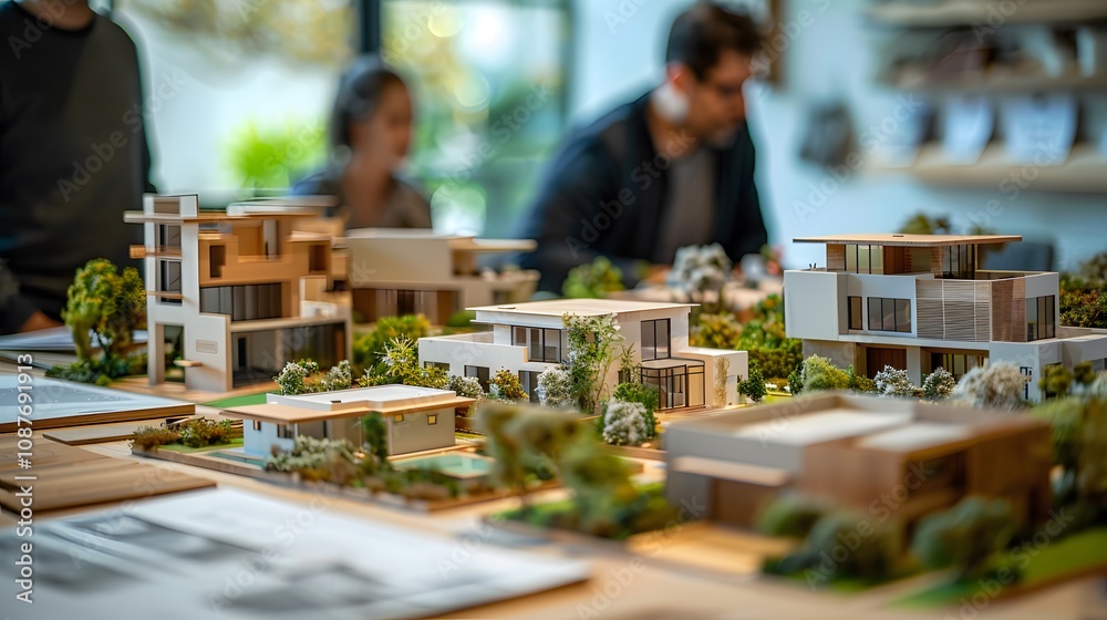 Aufkleber Detailed Architectural Model Display with Designers Collaborating on Modern Residential Projects and Creative Concepts in a Contemporary Studio Environment