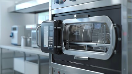 A high-definition image of a laboratory autoclave with a digital interface. --ar 169 --v 6.0