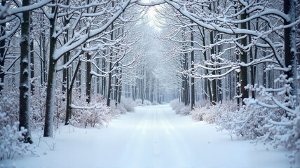 Snow-covered path through winter forest