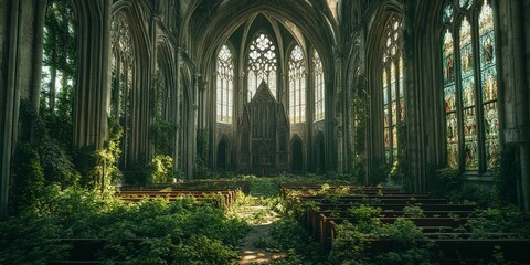 Obraz premium Overgrown Gothic cathedral with lush greenery and ornate architectural details