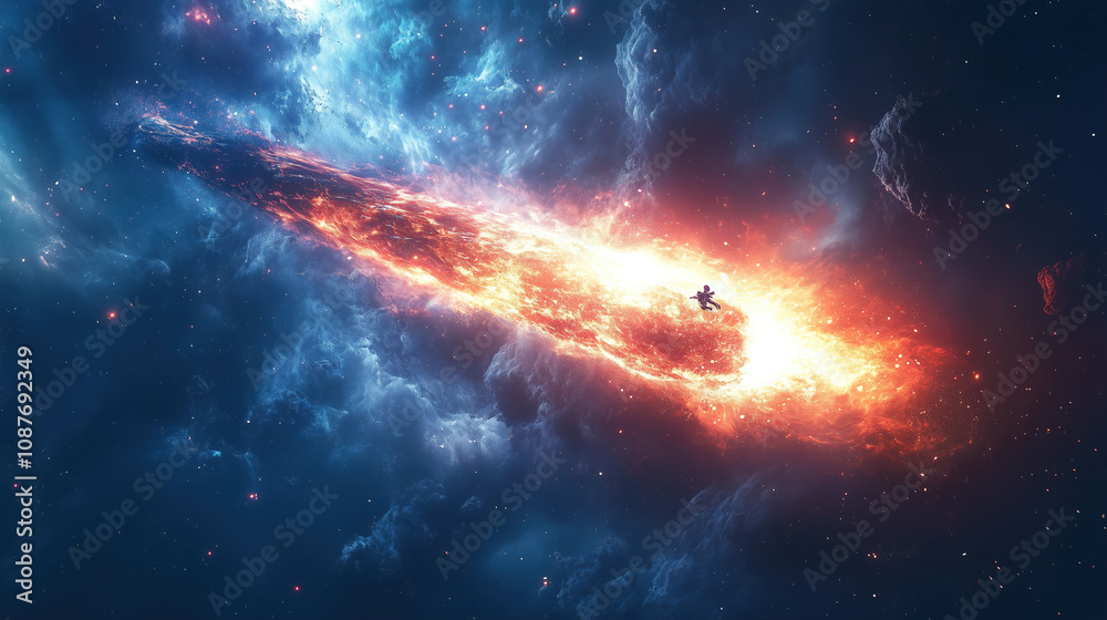 Poster exploration of a vibrant cosmic explosion in the depths of space showcasing swirling colors and stel
