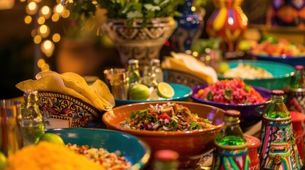 Fototapeta premium A festive taco station featuring a variety of fillings such as grilled fish, barbacoa