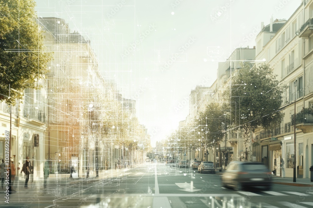 Aufkleber a vibrant urban street in a smart city where buildings are seamlessly connected through advanced ai 