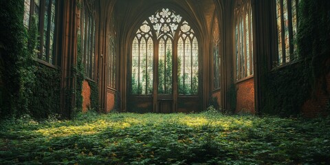 Fototapeta premium Overgrown Gothic cathedral with lush greenery and ornate architectural details
