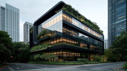 Obraz premium Modern eco-friendly office building with plant-covered exterior surrounded by urban skyscrapers and greenery, highlighting sustainable architectural design.