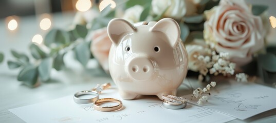 Romantic Wedding Savings Concept with Piggy Bank and Rose Bouquet for Elegant Invitations